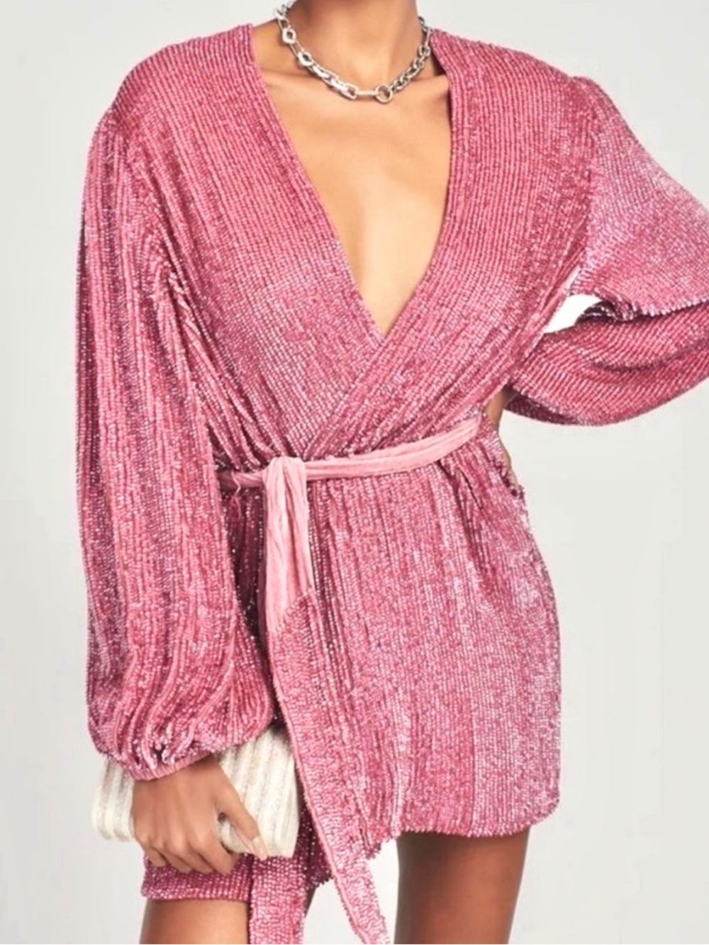 Retrofete Pink Sequin Wrap Mini Dress with Full sleeves